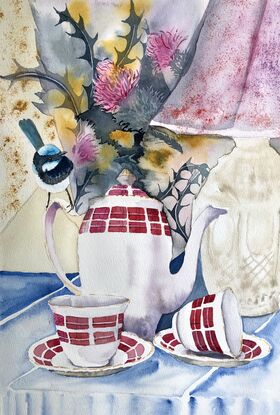 Inspired by the inherited Tartan Teapot (a coffee pot), this contemporary still life evolved from everyday objects, collected memories and imagination. Texture and pattern with vibrant colours inviting a moment to take a breath and let the worries fly away.