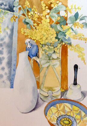 Inspired by the full bloom of glories wattle in my garden, this still life evolved with everyday objects. Including a bowl I bought in Venice and a glass jug that has become a vase. Pretty boy adds a touch of whimsy and fun to this vibrant still life. 