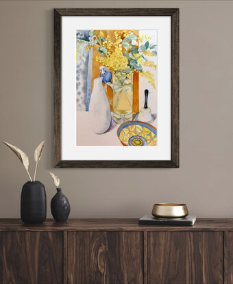 Inspired by the full bloom of glories wattle in my garden, this still life evolved with everyday objects. Including a bowl I bought in Venice and a glass jug that has become a vase. Pretty boy adds a touch of whimsy and fun to this vibrant still life. 