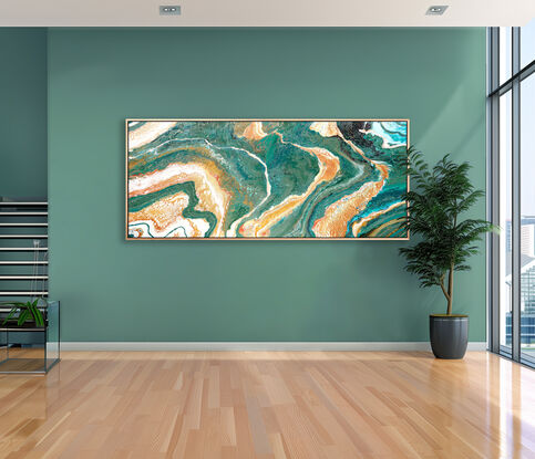 ABSTRACT painting of flowing colours: golds, light golds, ochre, chocolate, royal purple, pink, beige. sage olive. deep greens of emerald and had
It has incredible depth while evoking a feeling of peace/
The closer you get to the painting the more of the interesting details and patterns you can see. Metallics add an extra depth because the painting changes personality when one views from different angles. 182cm x 76cm looks great horizontal or vertical -- very versatile