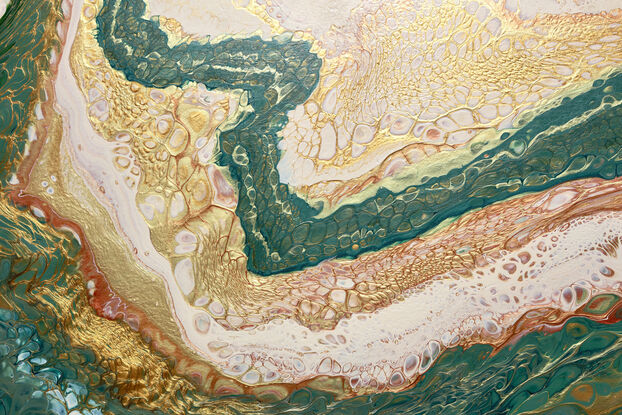 ABSTRACT painting of flowing colours: golds, light golds, ochre, chocolate, royal purple, pink, beige. sage olive. deep greens of emerald and had
It has incredible depth while evoking a feeling of peace/
The closer you get to the painting the more of the interesting details and patterns you can see. Metallics add an extra depth because the painting changes personality when one views from different angles. 182cm x 76cm looks great horizontal or vertical -- very versatile