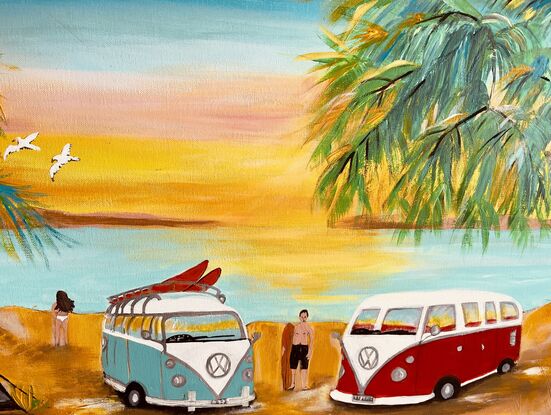 A rectangle Canvas ready to hang with deep sided edges gallery wrapped and painted 
Palm trees ,camping on sand dunes ‘ along the tropical coastal plan 
In your VW kombi van with surf racks ,this retro painting will delight all visitors in your home , the warm sunset over the horizon sand dunes 
Acrylic high flow liquid paint and Acrylic flat paint 
Camper vans and greyish tent also used for bedding down 
Seagulls flying high 
Two V W Kombi Vans colours are red and blue ,white silver 
Wide silver rim Tyers ‘ a must painting ,a Retro Eclectic design to have in your home 
Comes with Certificate Of Authenticity and Varnished to protect painting for many years 
The canvas has been triple primed and solid 
All sides are painted to suit painting  
