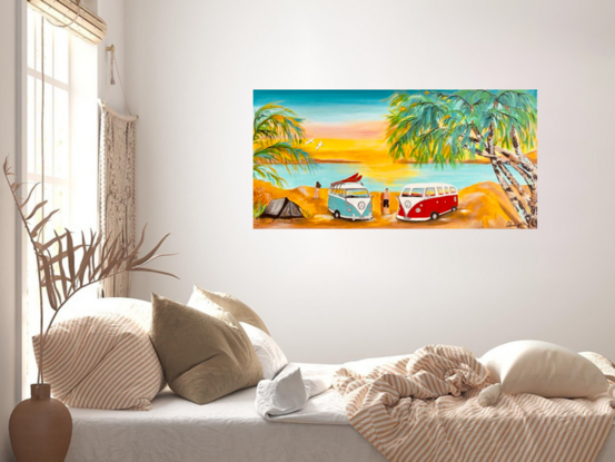 A rectangle Canvas ready to hang with deep sided edges gallery wrapped and painted 
Palm trees ,camping on sand dunes ‘ along the tropical coastal plan 
In your VW kombi van with surf racks ,this retro painting will delight all visitors in your home , the warm sunset over the horizon sand dunes 
Acrylic high flow liquid paint and Acrylic flat paint 
Camper vans and greyish tent also used for bedding down 
Seagulls flying high 
Two V W Kombi Vans colours are red and blue ,white silver 
Wide silver rim Tyers ‘ a must painting ,a Retro Eclectic design to have in your home 
Comes with Certificate Of Authenticity and Varnished to protect painting for many years 
The canvas has been triple primed and solid 
All sides are painted to suit painting  
