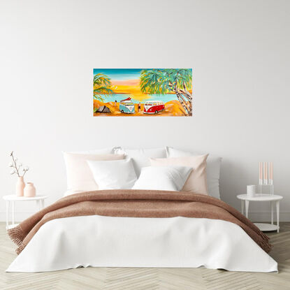 A rectangle Canvas ready to hang with deep sided edges gallery wrapped and painted 
Palm trees ,camping on sand dunes ‘ along the tropical coastal plan 
In your VW kombi van with surf racks ,this retro painting will delight all visitors in your home , the warm sunset over the horizon sand dunes 
Acrylic high flow liquid paint and Acrylic flat paint 
Camper vans and greyish tent also used for bedding down 
Seagulls flying high 
Two V W Kombi Vans colours are red and blue ,white silver 
Wide silver rim Tyers ‘ a must painting ,a Retro Eclectic design to have in your home 
Comes with Certificate Of Authenticity and Varnished to protect painting for many years 
The canvas has been triple primed and solid 
All sides are painted to suit painting  
