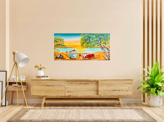 A rectangle Canvas ready to hang with deep sided edges gallery wrapped and painted 
Palm trees ,camping on sand dunes ‘ along the tropical coastal plan 
In your VW kombi van with surf racks ,this retro painting will delight all visitors in your home , the warm sunset over the horizon sand dunes 
Acrylic high flow liquid paint and Acrylic flat paint 
Camper vans and greyish tent also used for bedding down 
Seagulls flying high 
Two V W Kombi Vans colours are red and blue ,white silver 
Wide silver rim Tyers ‘ a must painting ,a Retro Eclectic design to have in your home 
Comes with Certificate Of Authenticity and Varnished to protect painting for many years 
The canvas has been triple primed and solid 
All sides are painted to suit painting  
