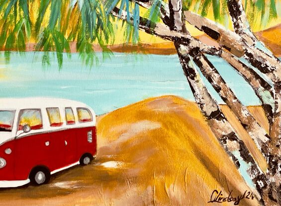 A rectangle Canvas ready to hang with deep sided edges gallery wrapped and painted 
Palm trees ,camping on sand dunes ‘ along the tropical coastal plan 
In your VW kombi van with surf racks ,this retro painting will delight all visitors in your home , the warm sunset over the horizon sand dunes 
Acrylic high flow liquid paint and Acrylic flat paint 
Camper vans and greyish tent also used for bedding down 
Seagulls flying high 
Two V W Kombi Vans colours are red and blue ,white silver 
Wide silver rim Tyers ‘ a must painting ,a Retro Eclectic design to have in your home 
Comes with Certificate Of Authenticity and Varnished to protect painting for many years 
The canvas has been triple primed and solid 
All sides are painted to suit painting  
