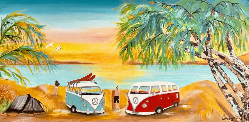 A rectangle Canvas ready to hang with deep sided edges gallery wrapped and painted 
Palm trees ,camping on sand dunes ‘ along the tropical coastal plan 
In your VW kombi van with surf racks ,this retro painting will delight all visitors in your home , the warm sunset over the horizon sand dunes 
Acrylic high flow liquid paint and Acrylic flat paint 
Camper vans and greyish tent also used for bedding down 
Seagulls flying high 
Two V W Kombi Vans colours are red and blue ,white silver 
Wide silver rim Tyers ‘ a must painting ,a Retro Eclectic design to have in your home 
Comes with Certificate Of Authenticity and Varnished to protect painting for many years 
The canvas has been triple primed and solid 
All sides are painted to suit painting  
