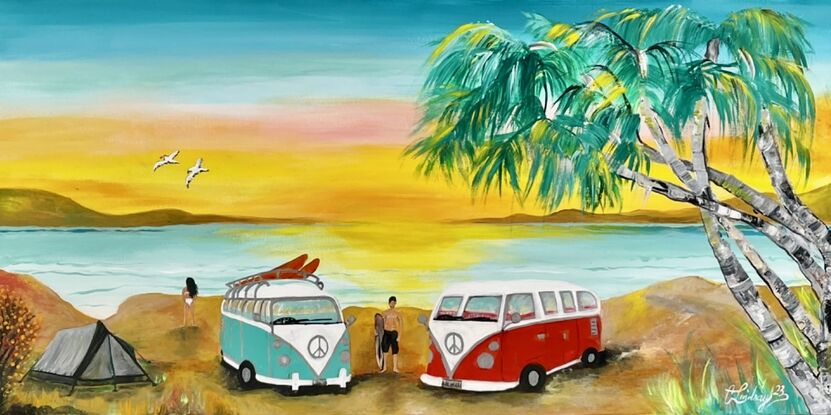 A rectangle Canvas ready to hang with deep sided edges gallery wrapped and painted 
Palm trees ,camping on sand dunes ‘ along the tropical coastal plan 
In your VW kombi van with surf racks ,this retro painting will delight all visitors in your home , the warm sunset over the horizon sand dunes 
Acrylic high flow liquid paint and Acrylic flat paint 
Camper vans and greyish tent also used for bedding down 
Seagulls flying high 
Two V W Kombi Vans colours are red and blue ,white silver 
Wide silver rim Tyers ‘ a must painting ,a Retro Eclectic design to have in your home 
Comes with Certificate Of Authenticity and Varnished to protect painting for many years 
The canvas has been triple primed and solid 
All sides are painted to suit painting  
