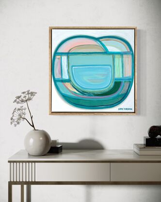 Free flowing curves of peach, blues and greens. 