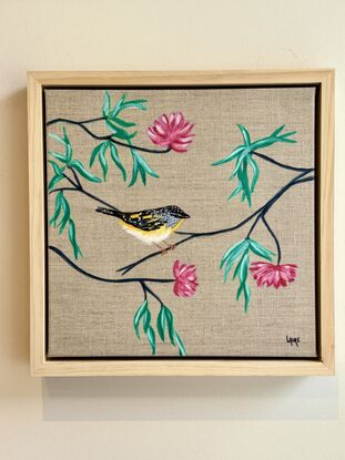 This little artwork is framed with natural light wood 
I keep a background linen it’s just perfect with  neutral tone in a living room or a bedroom.
Parladote are one of my favourite bird ..
The deco around is soft and give a zen touch !
Each painting is provided with a certificate of authenticity.
Wrapped securely with bubble layers and thick cardboard 