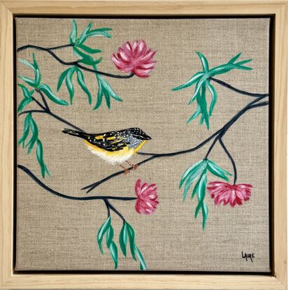 This little artwork is framed with natural light wood 
I keep a background linen it’s just perfect with  neutral tone in a living room or a bedroom.
Parladote are one of my favourite bird ..
The deco around is soft and give a zen touch !
Each painting is provided with a certificate of authenticity.
Wrapped securely with bubble layers and thick cardboard 