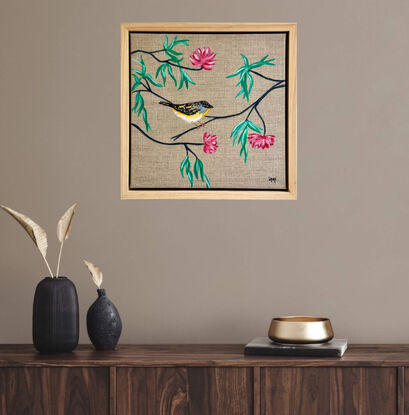 This little artwork is framed with natural light wood 
I keep a background linen it’s just perfect with  neutral tone in a living room or a bedroom.
Parladote are one of my favourite bird ..
The deco around is soft and give a zen touch !
Each painting is provided with a certificate of authenticity.
Wrapped securely with bubble layers and thick cardboard 