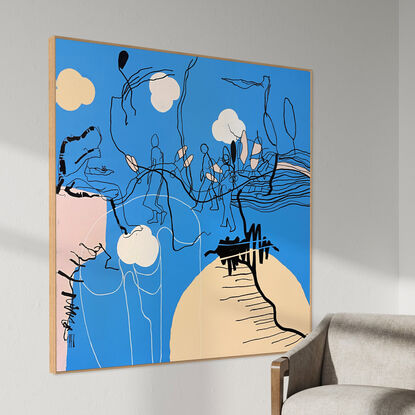 Extra Large pop/urban street art painting, white & black line art image on a vibrant blue with pops of beige, blush and white.