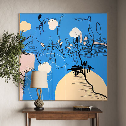 Extra Large pop/urban street art painting, white & black line art image on a vibrant blue with pops of beige, blush and white.