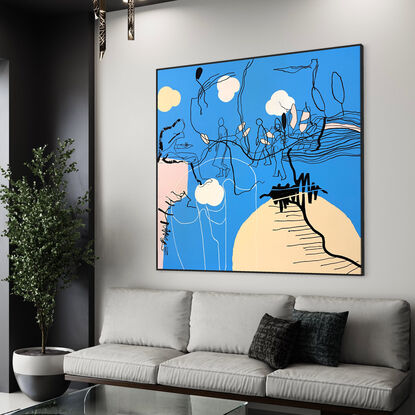 Extra Large pop/urban street art painting, white & black line art image on a vibrant blue with pops of beige, blush and white.