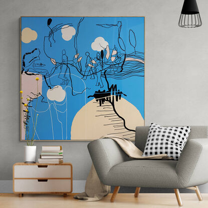 Extra Large pop/urban street art painting, white & black line art image on a vibrant blue with pops of beige, blush and white.