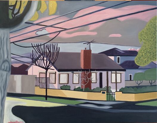 Suburban house in Melbourne at sunset done in a bright, modernist style.