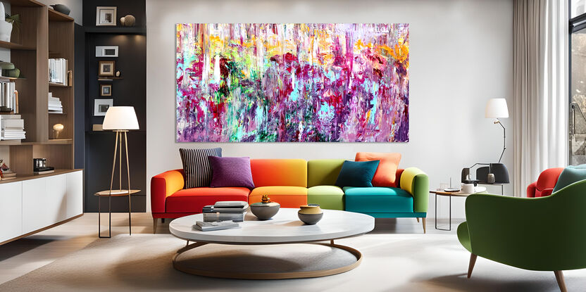 Images show the painting in two different lounge rooms.