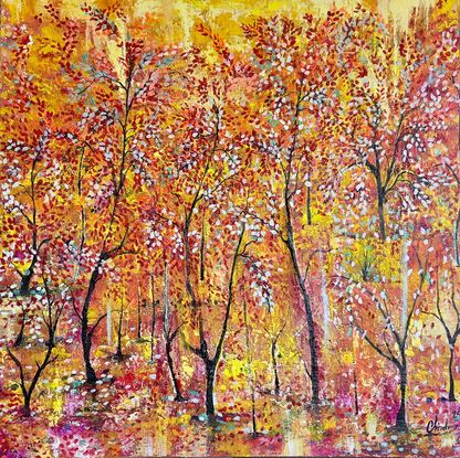 This is a landscape trees scape Autumn time painting 
A impressionistic style painting has 4 coats of Acrylic paint on top of Textured paste a square canvas ready to hang ,it was an amazing journey painting this dynamic piece of art ‘
Each coat of paint is the back drop which adds bright colour and depth captured by using thick acrylic paste ‘ 
I improvised in adding my own trees-cape , an abstract of my expression on canvas 
I mixed blush pink,orange,yellow, white and a light blue metalic Forrest green mixed with white a medium yellow mixed with white,  fluorescent purple a Deep red and white ‘ orange , creating a sea of Red leaves scattered all over the canvas ‘ like they are dancing with delight 
Added all the leaves very carefully ‘ light lemon yellow ,cool yellow ,violet blue, red sienna light orange ‘burgundy rose 
And to finish with an orange fluorescent and yellow fluorescent to pop the warm pallet ,a beautiful palette !
Comes with a Certificate Of Authenticity ,wire on the back of canvas ready to hang , and carefully packed for a safe delivery to its forever home 