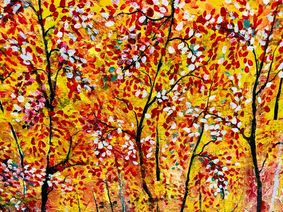 This is a landscape trees scape Autumn time painting 
A impressionistic style painting has 4 coats of Acrylic paint on top of Textured paste a square canvas ready to hang ,it was an amazing journey painting this dynamic piece of art ‘
Each coat of paint is the back drop which adds bright colour and depth captured by using thick acrylic paste ‘ 
I improvised in adding my own trees-cape , an abstract of my expression on canvas 
I mixed blush pink,orange,yellow, white and a light blue metalic Forrest green mixed with white a medium yellow mixed with white,  fluorescent purple a Deep red and white ‘ orange , creating a sea of Red leaves scattered all over the canvas ‘ like they are dancing with delight 
Added all the leaves very carefully ‘ light lemon yellow ,cool yellow ,violet blue, red sienna light orange ‘burgundy rose 
And to finish with an orange fluorescent and yellow fluorescent to pop the warm pallet ,a beautiful palette !
Comes with a Certificate Of Authenticity ,wire on the back of canvas ready to hang , and carefully packed for a safe delivery to its forever home 