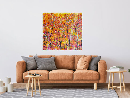 This is a landscape trees scape Autumn time painting 
A impressionistic style painting has 4 coats of Acrylic paint on top of Textured paste a square canvas ready to hang ,it was an amazing journey painting this dynamic piece of art ‘
Each coat of paint is the back drop which adds bright colour and depth captured by using thick acrylic paste ‘ 
I improvised in adding my own trees-cape , an abstract of my expression on canvas 
I mixed blush pink,orange,yellow, white and a light blue metalic Forrest green mixed with white a medium yellow mixed with white,  fluorescent purple a Deep red and white ‘ orange , creating a sea of Red leaves scattered all over the canvas ‘ like they are dancing with delight 
Added all the leaves very carefully ‘ light lemon yellow ,cool yellow ,violet blue, red sienna light orange ‘burgundy rose 
And to finish with an orange fluorescent and yellow fluorescent to pop the warm pallet ,a beautiful palette !
Comes with a Certificate Of Authenticity ,wire on the back of canvas ready to hang , and carefully packed for a safe delivery to its forever home 