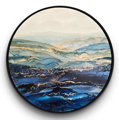 60cm round seascape of blues and green shades with quality black floating frame. 