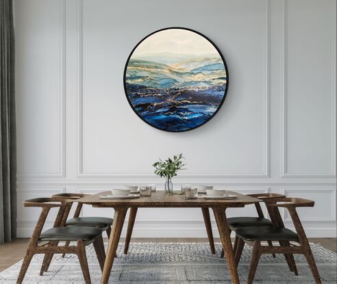 60cm round seascape of blues and green shades with quality black floating frame. 