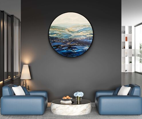 60cm round seascape of blues and green shades with quality black floating frame. 