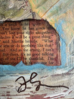 An old building with a rusted corrugated iron roof, blue sky, snippets of old text. 