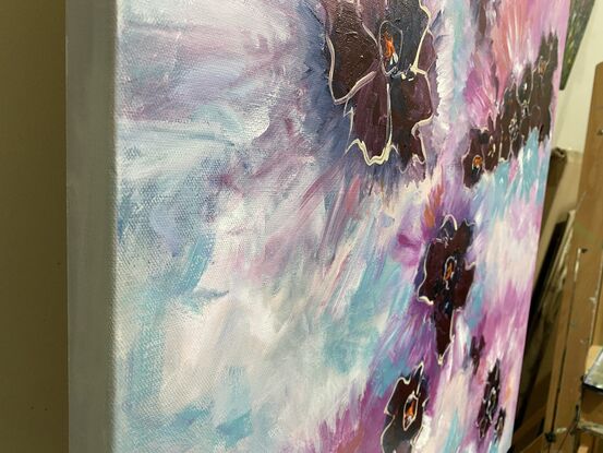 Soft blue green shades with fresh pink and deep maroon flower like motifs that are splashed across the canvas with energy and movement. This is a piece for your eye to explore and enjoy. 