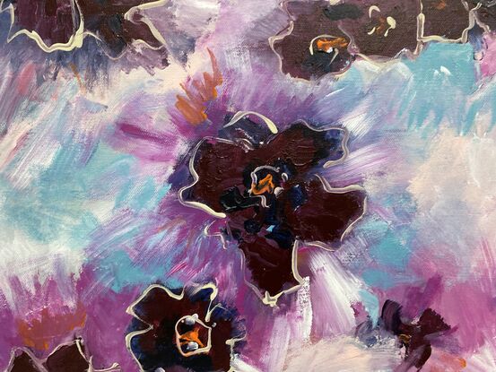 Soft blue green shades with fresh pink and deep maroon flower like motifs that are splashed across the canvas with energy and movement. This is a piece for your eye to explore and enjoy. 