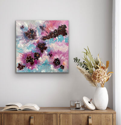 Soft blue green shades with fresh pink and deep maroon flower like motifs that are splashed across the canvas with energy and movement. This is a piece for your eye to explore and enjoy. 