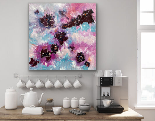 Soft blue green shades with fresh pink and deep maroon flower like motifs that are splashed across the canvas with energy and movement. This is a piece for your eye to explore and enjoy. 