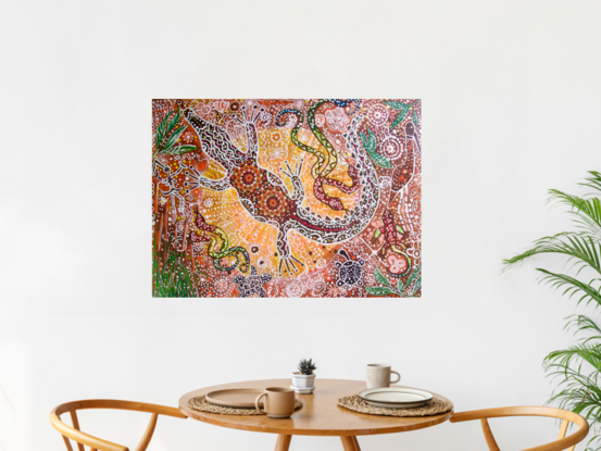 Behold the Expressive Aboriginal Art - A Glimpse into Ancient Heritage. This painting features multiple layers of acrylics, sealed with high-quality varnish and finished edges. It is ready to hang with a wire across the back, and the canvas is neatly secured with protective paper. A certificate of authenticity is affixed to the artwork's reverse side.