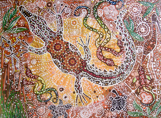 Behold the Expressive Aboriginal Art - A Glimpse into Ancient Heritage. This painting features multiple layers of acrylics, sealed with high-quality varnish and finished edges. It is ready to hang with a wire across the back, and the canvas is neatly secured with protective paper. A certificate of authenticity is affixed to the artwork's reverse side.