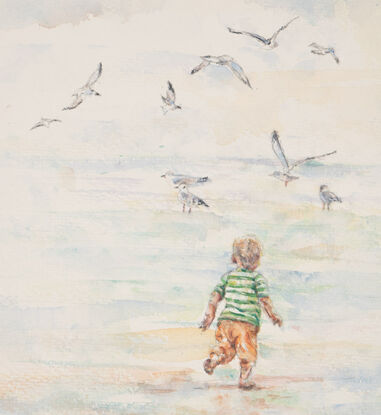 Original Watercolour Painting of a "Boy chasing seagulls".  Photo reference from Barwon Heads, Victoria, Australia.