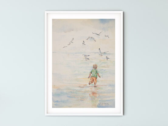 Original Watercolour Painting of a "Boy chasing seagulls".  Photo reference from Barwon Heads, Victoria, Australia.