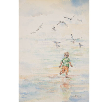 Original Watercolour Painting of a "Boy chasing seagulls".  Photo reference from Barwon Heads, Victoria, Australia.