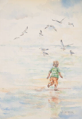 Original Watercolour Painting of a "Boy chasing seagulls".  Photo reference from Barwon Heads, Victoria, Australia.