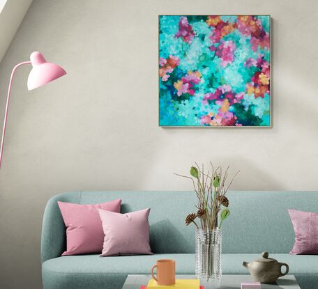 An impressionist landscape of colour, inspired by a floral garden.  Mark making, in every shades of pink, apricot green and blue. A light impression creating an out of focus perspective of a garden.