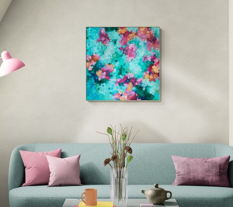 An impressionist landscape of colour, inspired by a floral garden.  Mark making, in every shades of pink, apricot green and blue. A light impression creating an out of focus perspective of a garden.