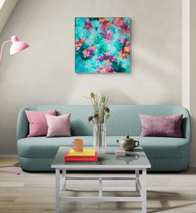 An impressionist landscape of colour, inspired by a floral garden.  Mark making, in every shades of pink, apricot green and blue. A light impression creating an out of focus perspective of a garden.