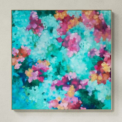 An impressionist landscape of colour, inspired by a floral garden.  Mark making, in every shades of pink, apricot green and blue. A light impression creating an out of focus perspective of a garden.