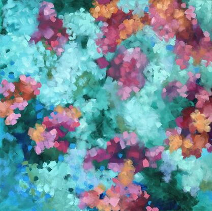 An impressionist landscape of colour, inspired by a floral garden.  Mark making, in every shades of pink, apricot green and blue. A light impression creating an out of focus perspective of a garden.