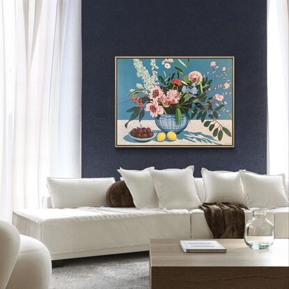 A still life painting of flowers and fruit in blues, reds, oranges, yellows, whites, pinks and greens, framed in oak