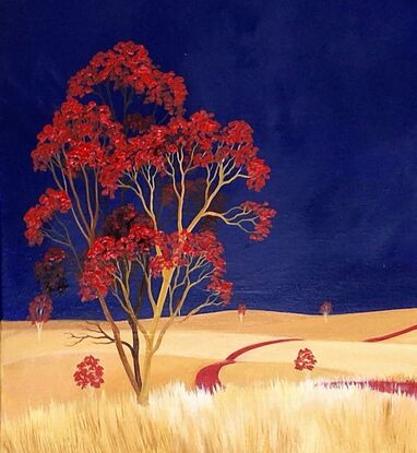 Australian landscape with dark blue sky and gold and beige highlighted hills and foreground, an orange red road leads out of the painting with trees scattered throughout,  Lucinda Leveille, original artwork, framed, Australiana