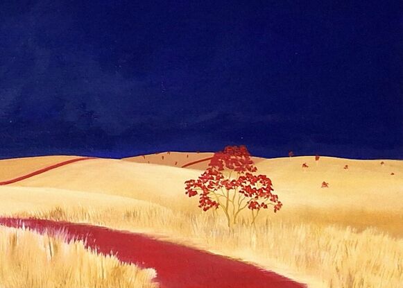 Australian landscape with dark blue sky and gold and beige highlighted hills and foreground, an orange red road leads out of the painting with trees scattered throughout,  Lucinda Leveille, original artwork, framed, Australiana