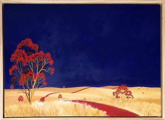 Australian landscape with dark blue sky and gold and beige highlighted hills and foreground, an orange red road leads out of the painting with trees scattered throughout,  Lucinda Leveille, original artwork, framed, Australiana