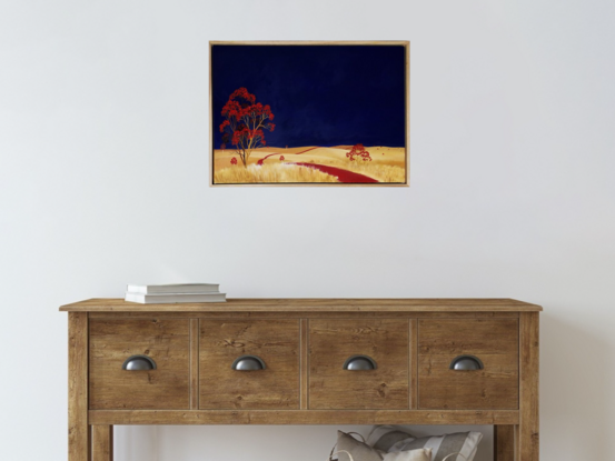 Australian landscape with dark blue sky and gold and beige highlighted hills and foreground, an orange red road leads out of the painting with trees scattered throughout,  Lucinda Leveille, original artwork, framed, Australiana