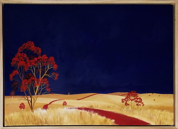 Australian landscape with dark blue sky and gold and beige highlighted hills and foreground, an orange red road leads out of the painting with trees scattered throughout,  Lucinda Leveille, original artwork, framed, Australiana